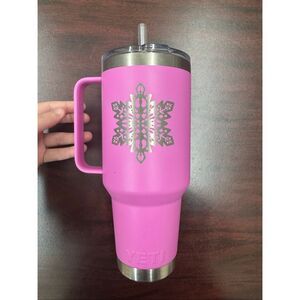 Yeti Pink Engraved “Jennifer” and Snowflake 42 Oz Cup with Handle and Straw